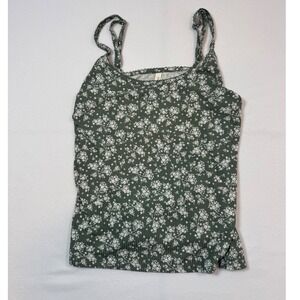 Cottagecore Laura Ashley Floral Camisole Women L Olive Green Ribbed Lace Trim